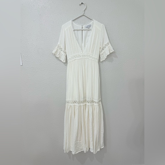 Baltic Born Rayne Deep V Swiss Dot Ivory Maxi Dress Wedding Anniversary Size M - Picture 4 of 12